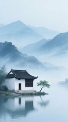 Fototapeta premium Traditional House by a Misty Lake with Distant Mountains