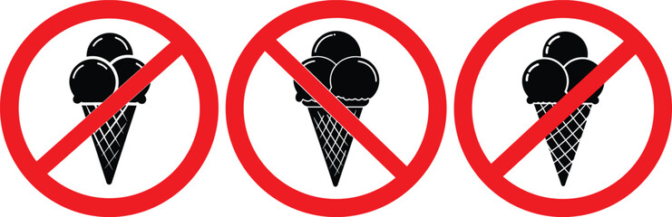 Three red prohibition signs with ice cream cone silhouettes silhouette