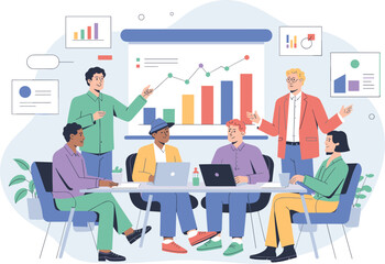 Flat vector illustration of a diverse team in a modern office meeting, discussing charts on a big screen, minimal corporate memphis style on white background