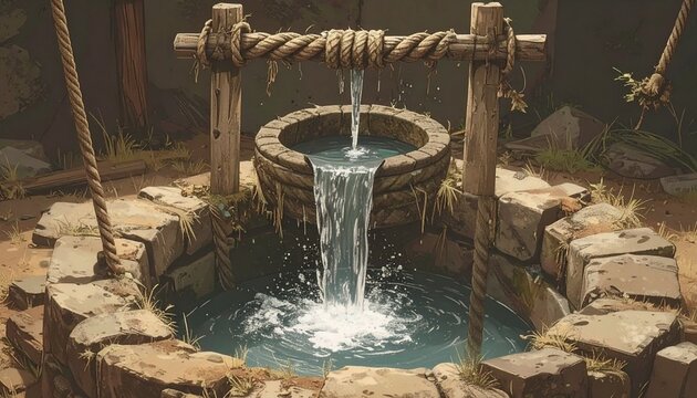 A rustic well with a wooden frame and ropes, water flowing from the well into a stone-lined pool with a shallow depth of field, warm earthy tones, in a rural or natural setting.