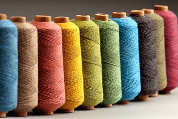 Line of colorful yarn spools with wooden ends on a gray background. Useful for sewing, knitting, needlepoint, or textile production designs.