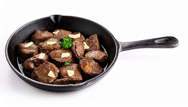pan fried mutton liver with garlic butter isolated on a white background