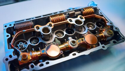 close up of an engine cylinder head with valve train and timing components