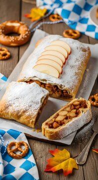 Delicious apple strudel topped with fresh apple slices and powdered sugar served with pretzels and autumn leaves