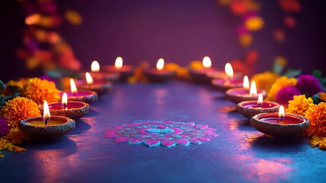 Rows of lit diyas and marigolds with a floral rangoli