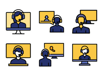 Customer service representatives support agents and help desk icons set flat design
