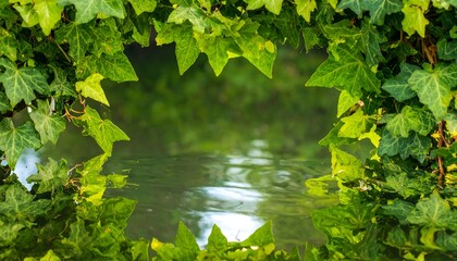 Green leaves frame a tranquil water scene