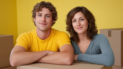 Fototapeta premium Happy young couple leaning casually on cardboard boxes in bright room with yellow walls, smiling confidently and enjoying moment of togetherness during moving or unpacking