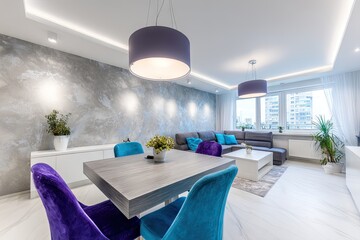 A modern, open-plan living space with a dining area.
