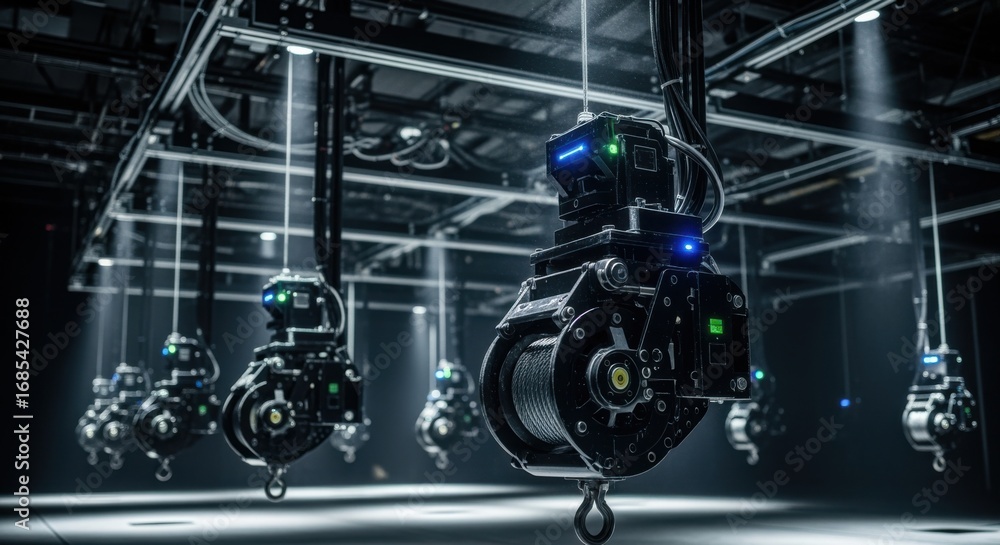 Poster scene showing multiple winch units arranged along the stage ceiling illustrating a complex automatio