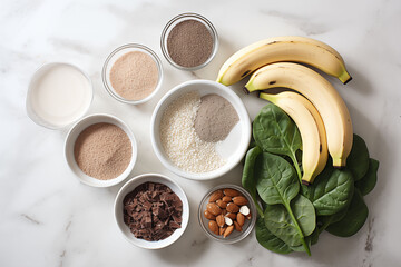 Smoothie ingredients: banana, spinach, grains