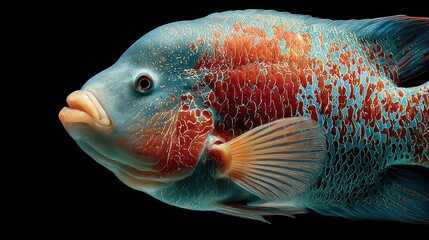 Close-up shot of a colorful cichlid fish against a solid black background. Perfect for educational materials or aquarium enthusiast websites.