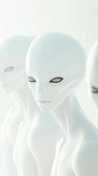 Multiple gray aliens standing still on a white background