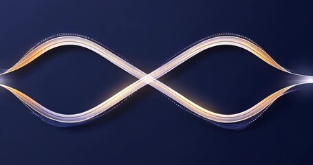 Opening metallic waveforms looping sides, undulating inward, crossing, settling loops on navy stage - Powered by Adobe