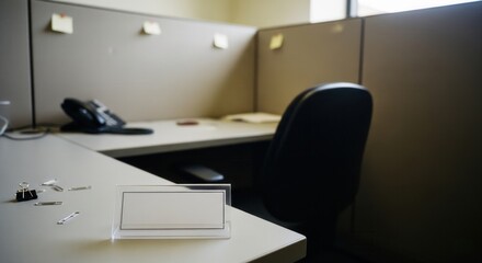 Vacant office cubicle with blank nameplate holder