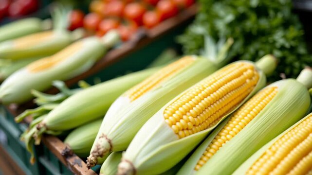 Fresh corn vegetable yellow green organic healthy farm market summer harvest with vibrant colors, ripe tomato, green onion, and leafy greens arranged on market stall showcasing natural produce