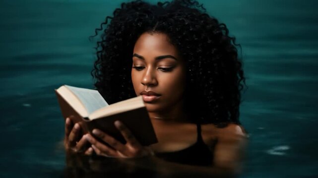 Woman reading book in water immersive literacy dream creative concept - Powered by Adobe