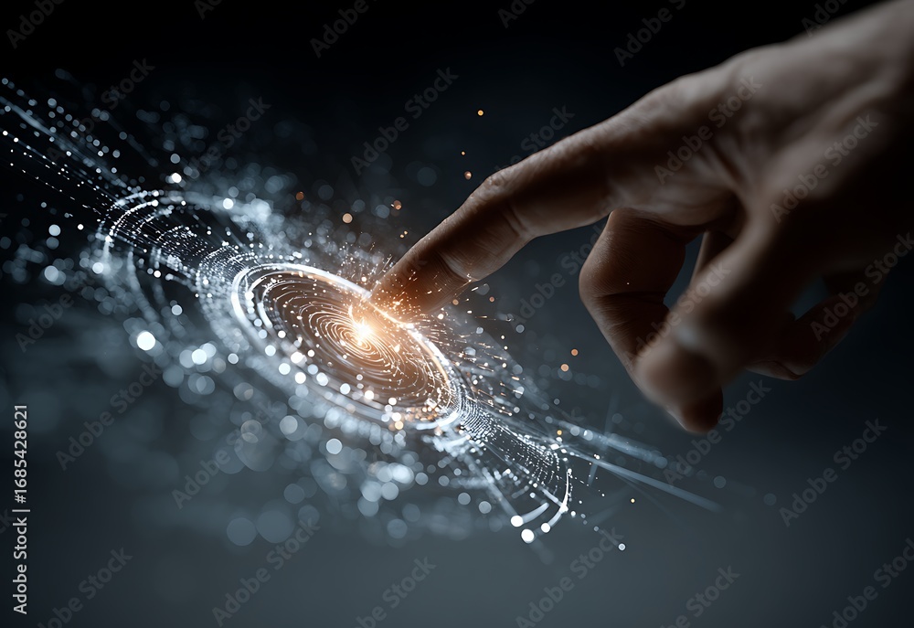 Poster fingertip touching futuristic glowing circular interface.