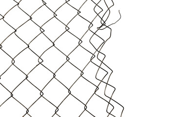 The texture of the metal mesh on a white background. Torn steel, metal mesh with holes