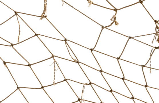 Torn Football or tennis net. Rope mesh on a white background close-up