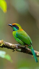 Obraz premium Vibrant green and yellow bird perched on a branch in a lush forest