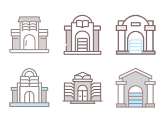 Architectural icon set showcasing building facades in outline style and neutral tones