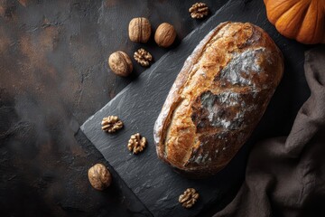 Rustic Autumnal Loaf - Artisan Bread with Walnuts and Pumpkin, Dark Background.
