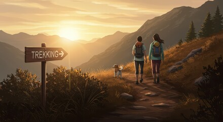 Fototapeta premium Mountain Trailblazers: A scenic vista captures two figures on a picturesque hiking trail, accompanied by a small dog, under the warm glow of a setting sun.