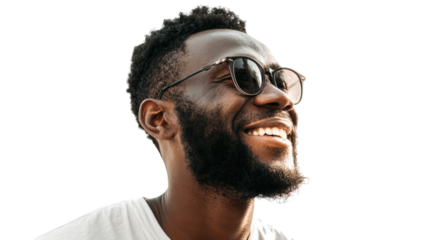 A cheerful man with sunglasses smiling, white isolated background.