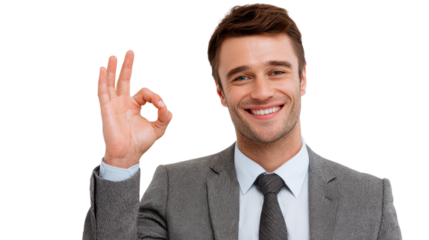 A confident man in a suit smiles and gestures an OK sign with his hand, on a white isolated background.