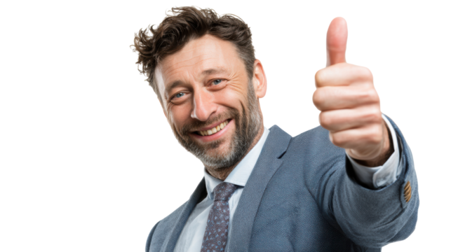 A cheerful man in a suit gives a thumbs up gesture against a white isolated background.