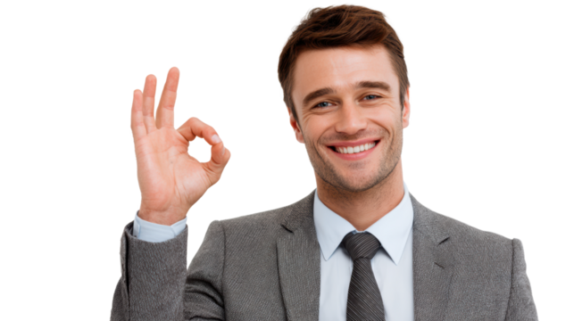 A confident man in a suit smiles and gestures an OK sign with his hand, on a white isolated background.