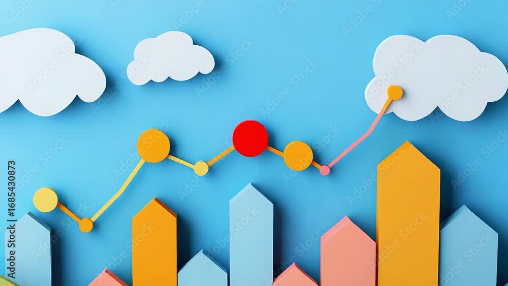 Poster growing bar chart with line graph and clouds in a colorful 3d render