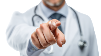 A doctor pointing with his finger, dressed in a white coat and stethoscope.