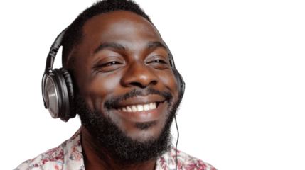 A joyful man with headphones enjoying music, smiling brightly against a white isolated background.