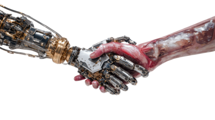 A robotic hand and a human hand shake firmly, symbolizing collaboration between man and machine.