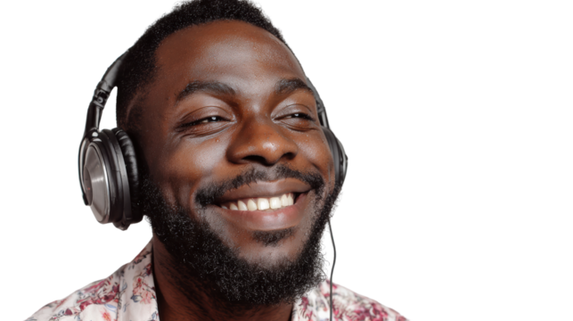A joyful man with headphones enjoying music, smiling brightly against a white isolated background.