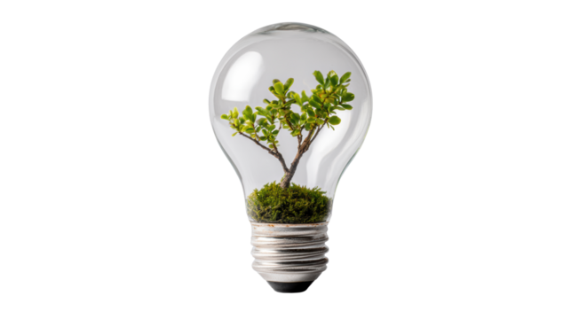A light bulb with a small tree inside, symbolizing sustainability and eco-friendly practices.