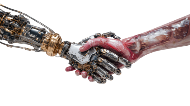 A robotic hand and a human hand shake firmly, symbolizing collaboration between man and machine.