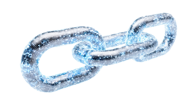 A shiny, translucent chain link on a white isolated background.