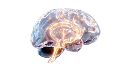 Abstract glowing brain illustration on a white isolated background.