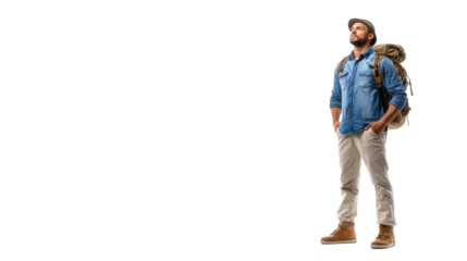 Adventurer wearing a backpack, looking up, exploring nature, on a journey of discovery.