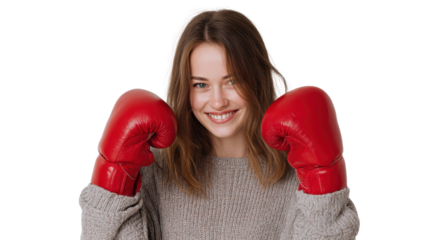 A young woman wearing red boxing gloves, smiling confidently against a white background.