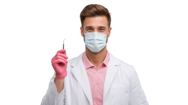 A young male scientist in a lab coat and mask, holding a tool in a lab setting, isolated on a white background.