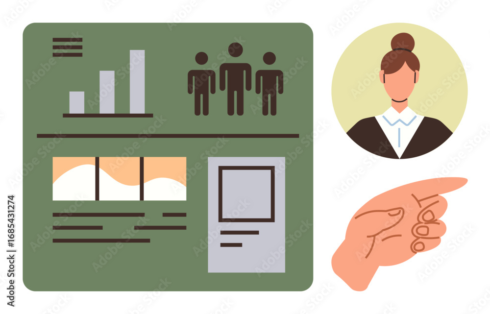 Poster green dashboard with bar chart, team icons, image placeholders, and text blocks. profile headshot an