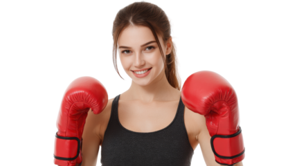Boxer woman with red gloves smiling, ready for training or competition against white isolated background