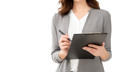 Businesswoman taking notes on clipboard, white isolated background.
