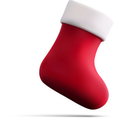 Red Christmas stocking with white cuff, soft 3D vector illustration, isolated on white with drop shadow for holiday banners, apps, cards.