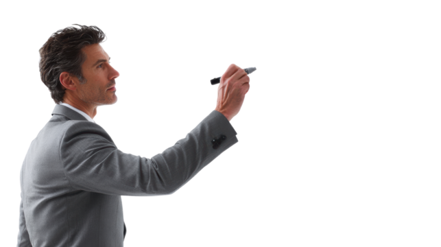 Businessman writing with a pen, isolated on a white background.