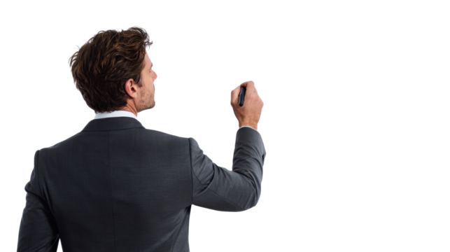 Businessman writing on a transparent screen, isolated on white background.